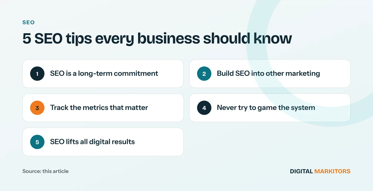 5 SEO tips every business should know: SEO is a long-term commitment; Build SEO into other marketing; Track the metrics that matter; Never try to game the system; SEO lifts all digital results